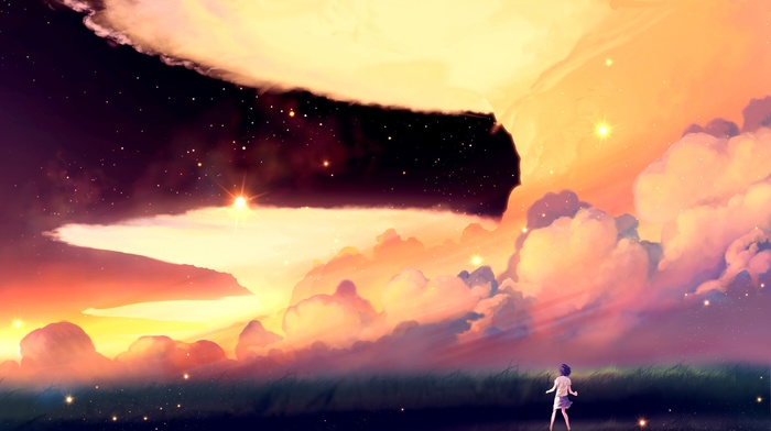 clouds, sky, field, anime, artwork, stars