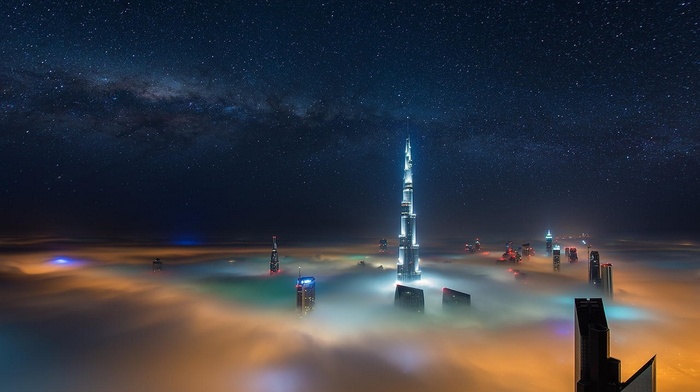 mist, landscape, long exposure, sky, architecture, Milky Way, skyscraper, cityscape, colorful, Dubai, night, starry night