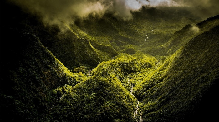 green, mountain, Hawaii, river, mist, clouds, island, valley, nature, aerial view, forest, landscape