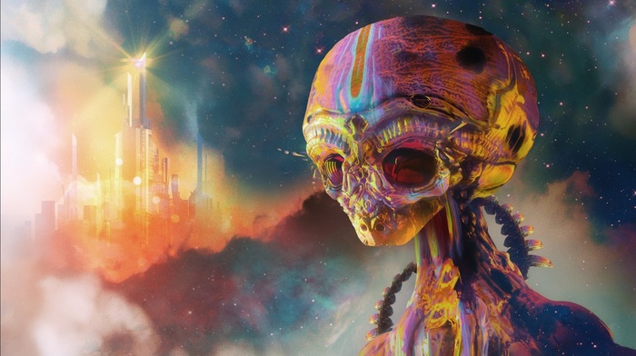 science fiction, digital art, aliens, psychedelic, colorful, artwork
