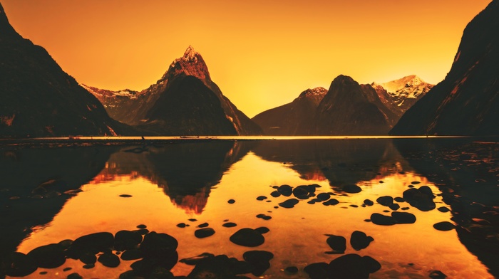 lake, nature, pebbles, calm, orange, landscape, mountain, photography, reflection, sunset, stones, water