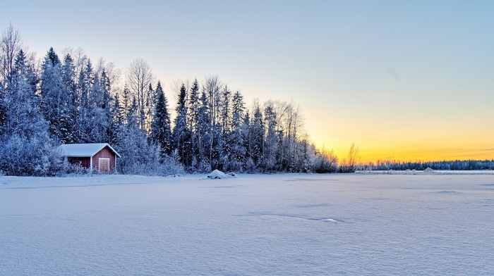 winter, lake, frost, sunset