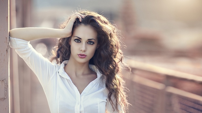 portrait, white tops, girl, brunette, face