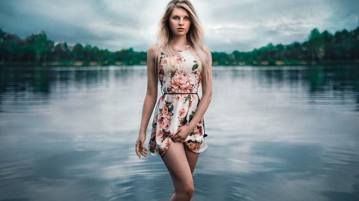 river, dress, portrait, girl, blonde