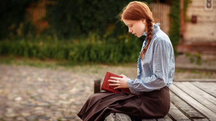 girl, redhead, books, skirt, sitting