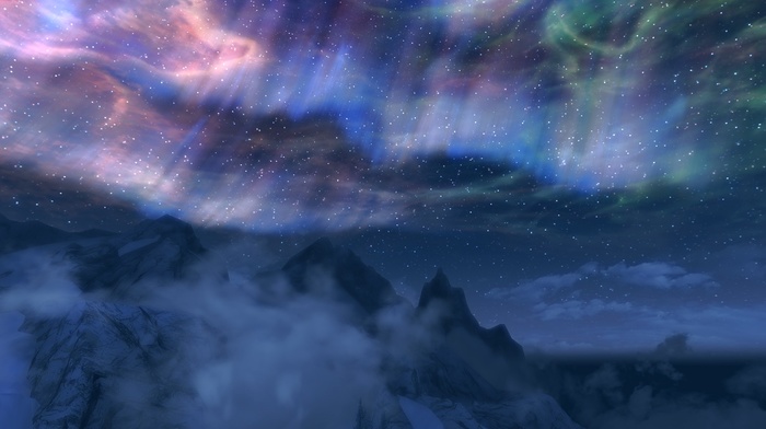 aurorae, video games, sky, clouds, the elder scrolls v skyrim, mountain