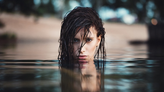 water, girl, portrait, brunette, wet hair, face