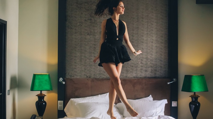 black dress, bed, girl, Aurela Skandaj, brunette, model