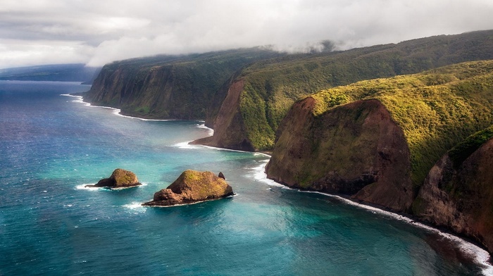 mountain, aerial view, nature, clouds, cliff, sea, island, Kauai, coast, landscape