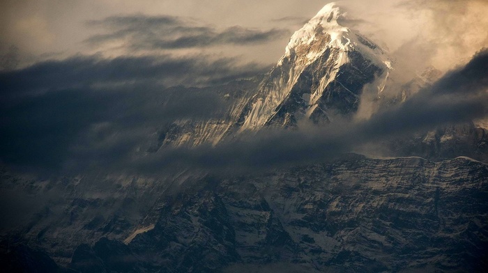 mist, Nepal, landscape, Himalayas, sunset, clouds, snowy peak, nature, mountain