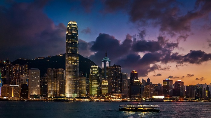 China, lights, cityscape, architecture, Hong Kong, landscape, evening, harbor, metropolis, skyscraper, sea, urban, modern, ferry, clouds