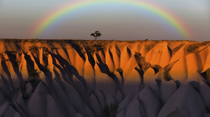 rainbows, horizon, Turkey, nature, landscape, trees, grass, shadow, mountain, colorful, rock