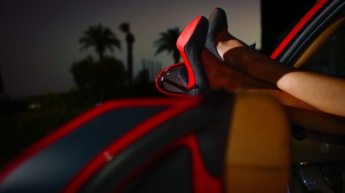 car interior, high heels, car, palm trees, stiletto, legs, girl, evening, depth of field, Louboutin, black heels, model