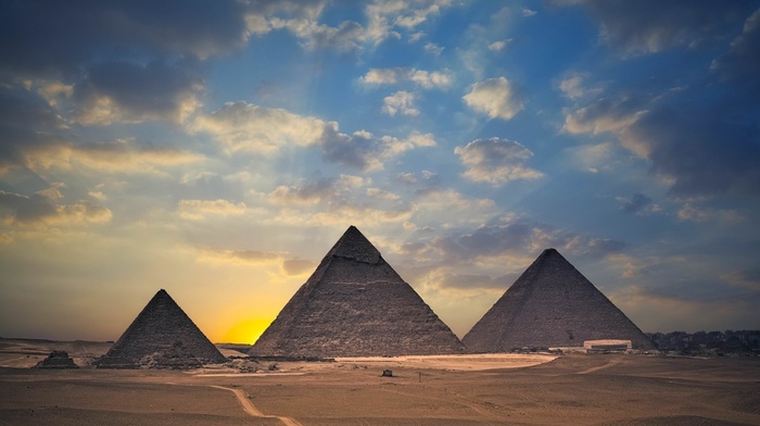 clouds, pyramid, nature, landscape, Pyramids of Giza, egypt, sunset, desert, architecture