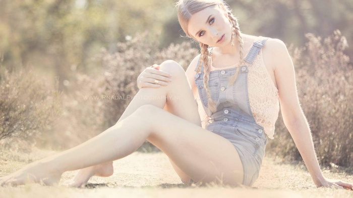 overalls, sitting, girl, girl outdoors, blonde