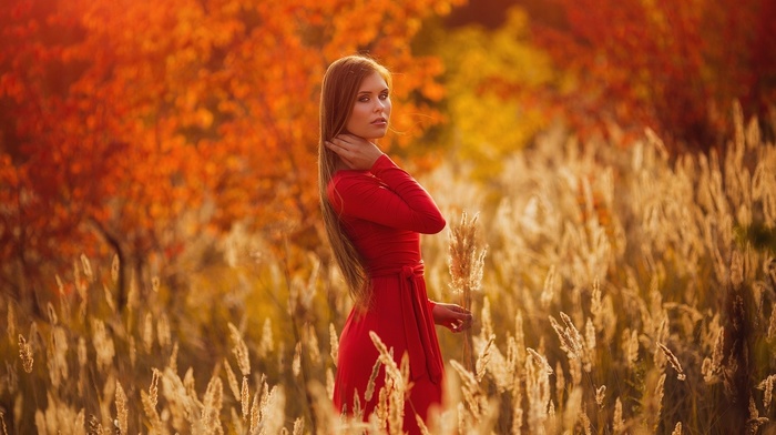 girl outdoors, red dress, girl, blonde