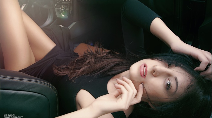 lying on back, girl, long hair, face, car