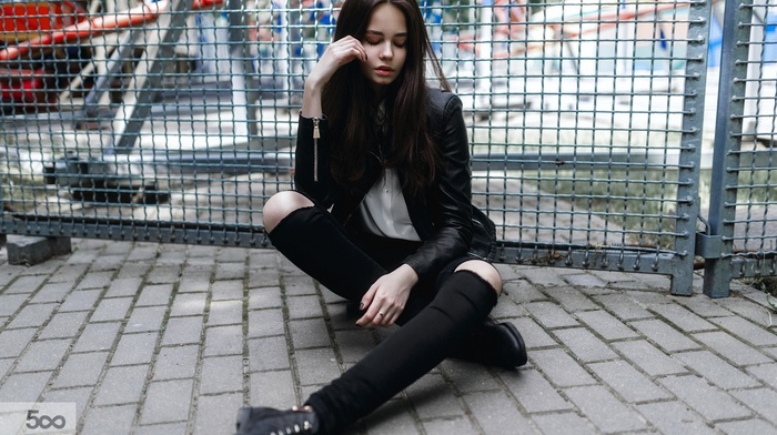 girl, black stockings, sitting, closed eyes