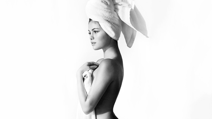towel, monochrome, Selena Gomez