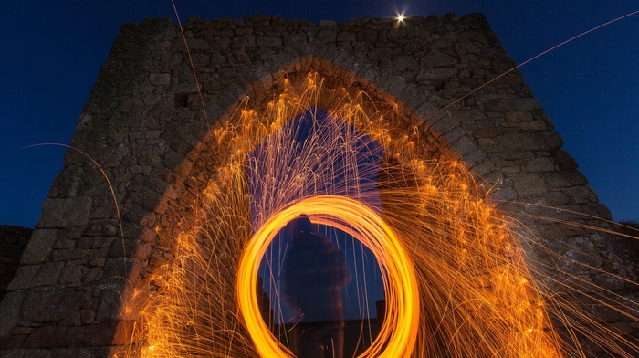 arch, architecture, sparks, long exposure, photography, night