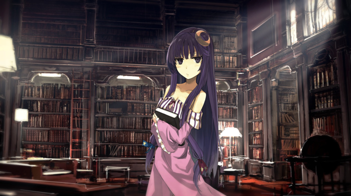 Patchouli Knowledge, purple hair, library, touhou