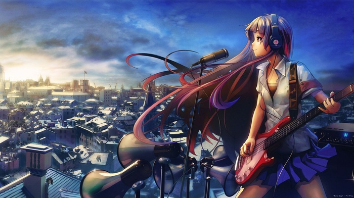 skirt, music, headphones, anime, original characters, guitar