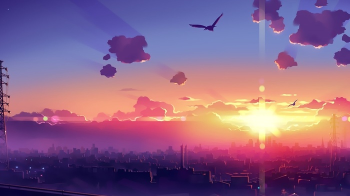 sunset, city, skyline, anime