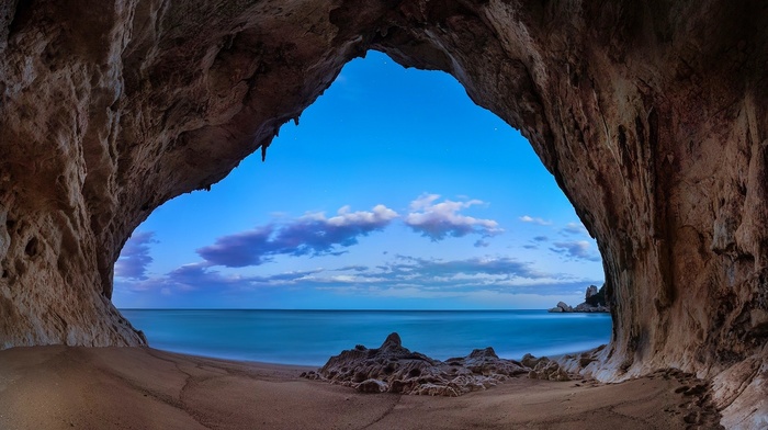 blue, rock, clouds, cave, coast, beach, sea, landscape, sand, morning, nature