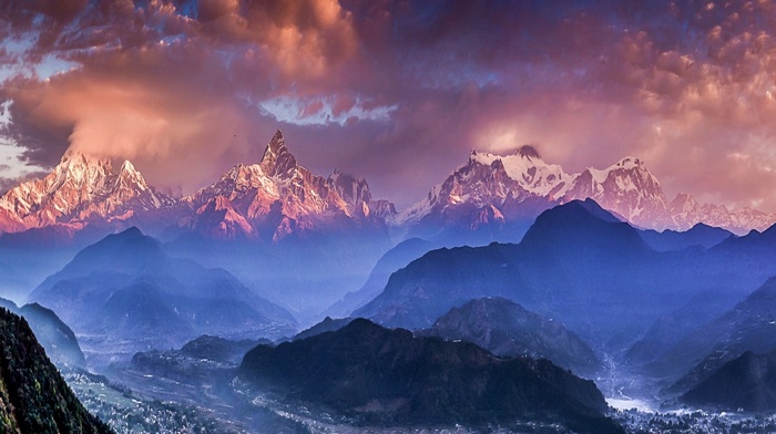 valley, Himalayas, nature, sky, mountain, sunset, villages, landscape, blue, clouds, mist, snowy peak, Nepal