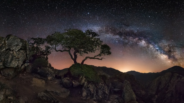 mountain, Milky Way, rock, nature, starry night, lights, landscape, long exposure, space, trees
