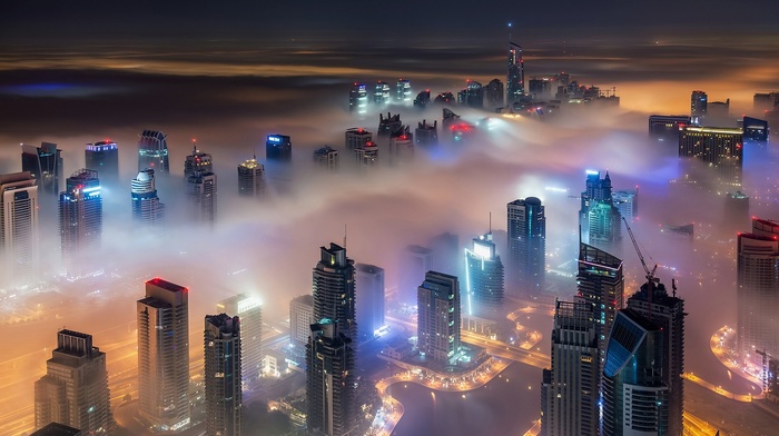 Dubai, night, urban, modern, landscape, mist, desert, cityscape, architecture, building, lights, skyscraper, United Arab Emirates