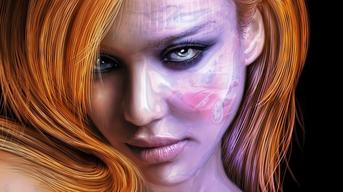 redhead, face, digital art, girl, Jessica Alba