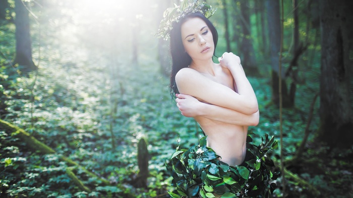 nude, holding boobs, nature, strategic covering