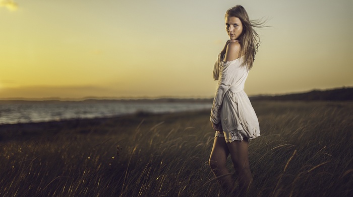 blonde, girl, sunset, dress, portrait