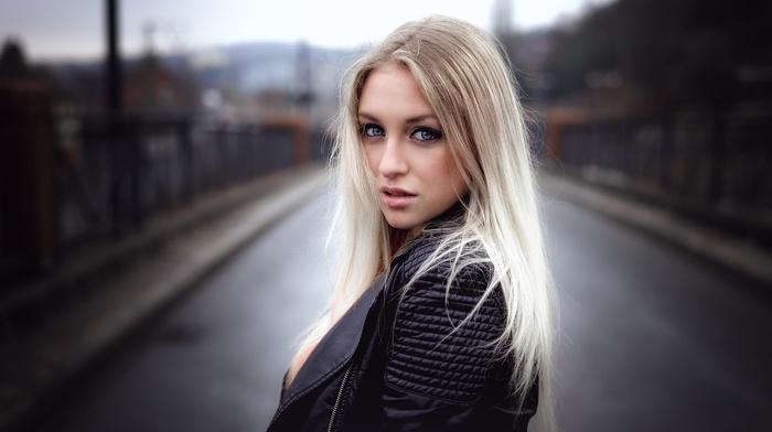 looking at viewer, girl, black clothing, blonde, face, portrait, blue eyes