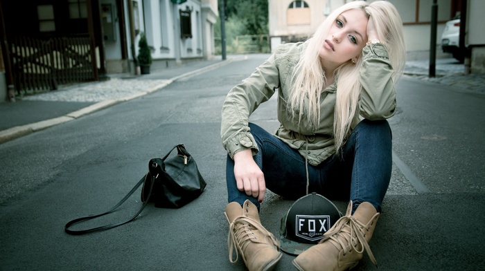 road, sitting, blonde, jeans, girl