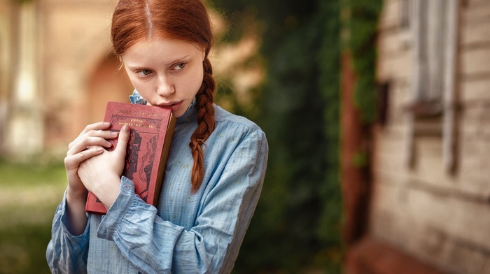 books, girl, portrait, redhead, face