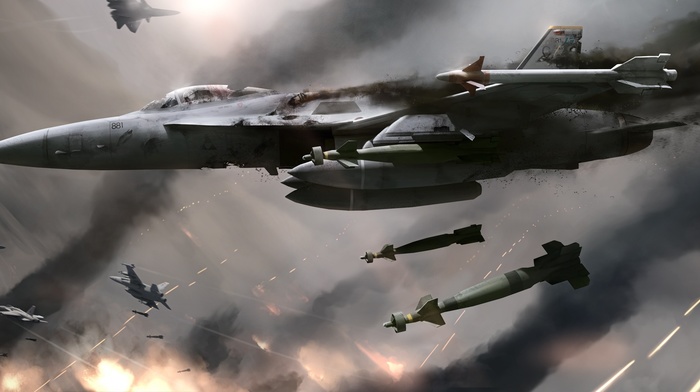 military aircraft, FA, 18 Hornet, dogfight, artwork, digital art, aircraft, bombs