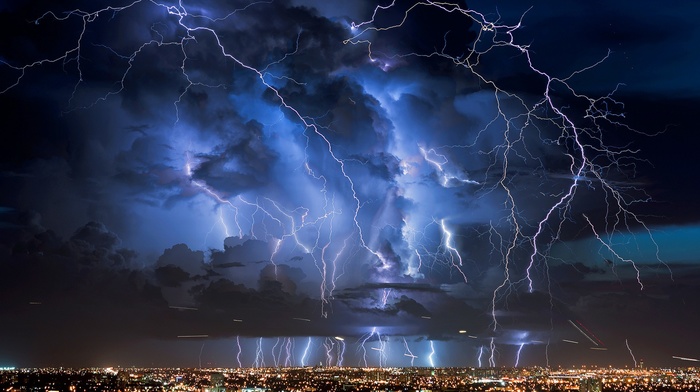 storm, lightning, city, night, nature
