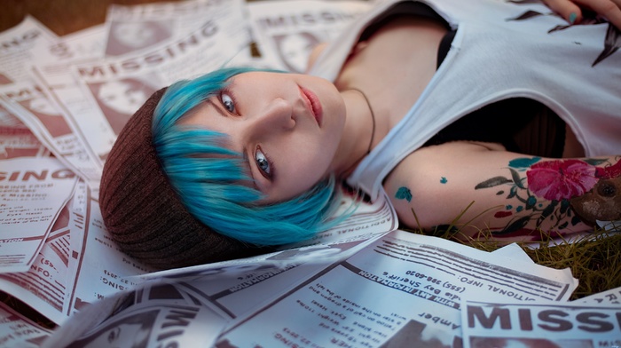 looking at viewer, painted nails, lying down, dyed hair, bra, Life Is Strange, blue hair, girl, blue eyes, tank top, tattoo