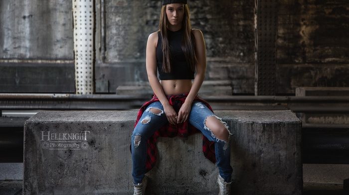 girl, jeans, torn jeans, sitting
