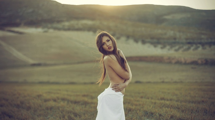 girl outdoors, Tania Cervian, girl, white dress, holding boobs