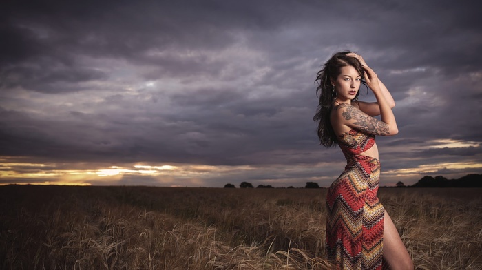 tattoo, girl outdoors, dress, girl, hands in hair