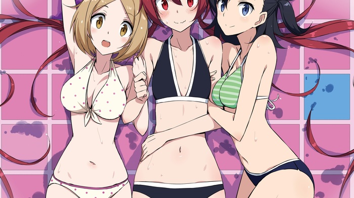 Ayugase Karen, boobs, Shirogane An, anime girls, Sakurada Akane, Joukamachi no Dandelion, swimwear, bikini