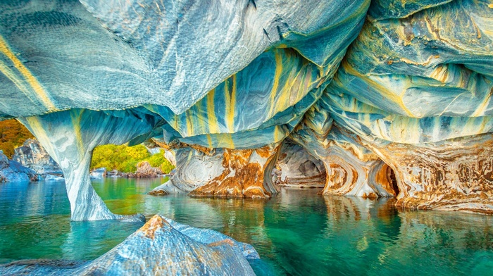 erosion, rock formation, water, landscape, rock, cave, Chile, colorful, nature, lake