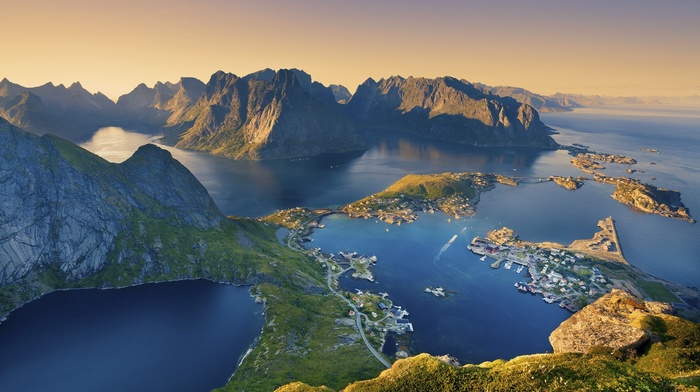 Norway, sunset, bay, mountain, landscape, town, nature, sunlight, harbor, Europe, fjord, coast, clear sky, Lofoten, sea
