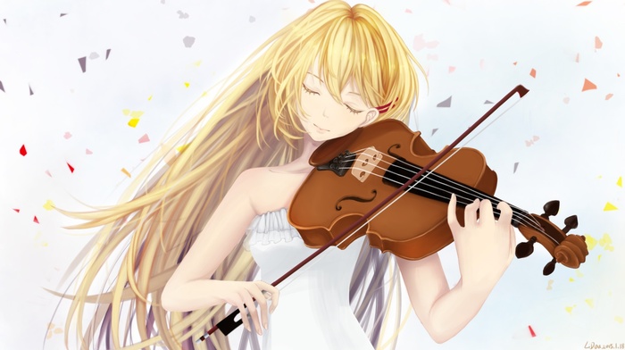 music, Shigatsu wa Kimi no Uso, Miyazono Kaori, blonde, musical instrument, closed eyes, smiling, violin