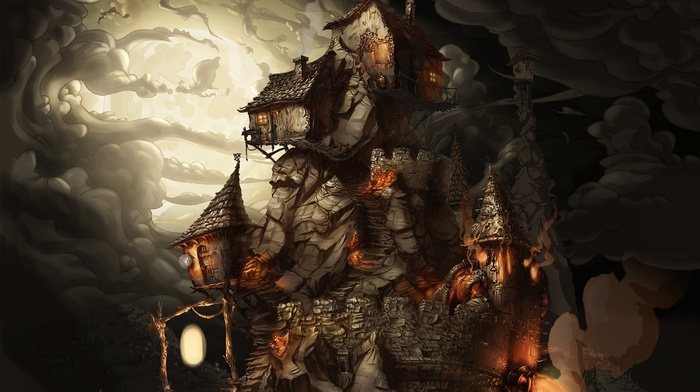 lantern, fantasy art, house, castle