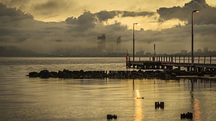pier, dock, cityscape, sea, skyscraper, water, mist, clouds, city