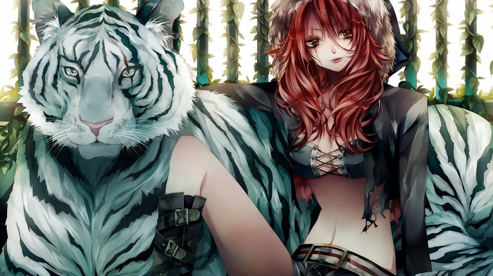 redhead, anime, tiger, animals, original characters